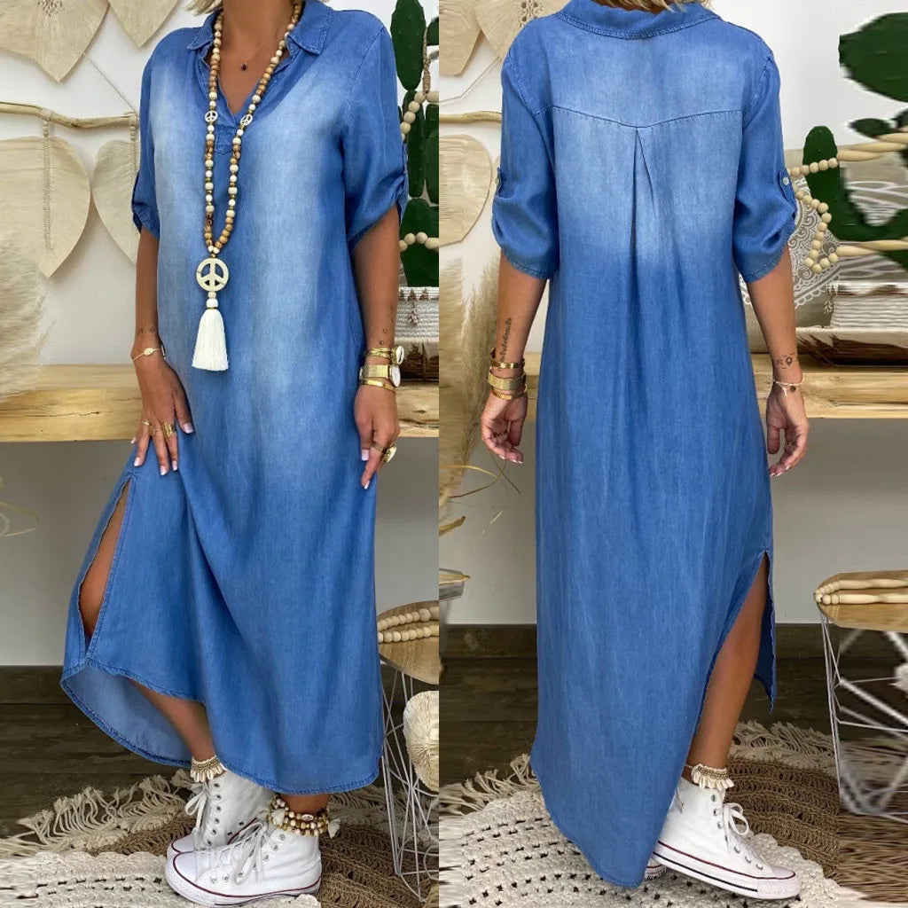 Loxx™ - Lange jurk in jeanslook met zijsplit
